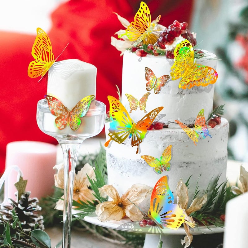 DELEMI 60 Pcs 3D Iridescent Gold Butterfly Wall Decor, Holographic Decorations with Set 5 Style DIY Man Made Removable Decorative for Home, Party - Image 4